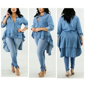 Denim Ruffled Long Tail Top
